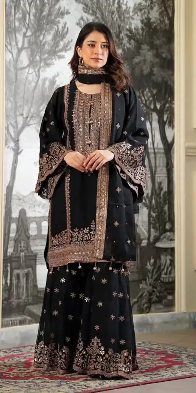 NSR 890 Black Fendy Silk Salwar Suitwith Embroidery Work & Lace Work. Now at just ₹2399. Delivery 4-6 Working Days. Shop now. | Casual Suits, Jump Suits, Creative suits, Designer Suits, Palazzo Suits, Party Wear Suits, Patiala Suits, Salwar suit, Straight Suits