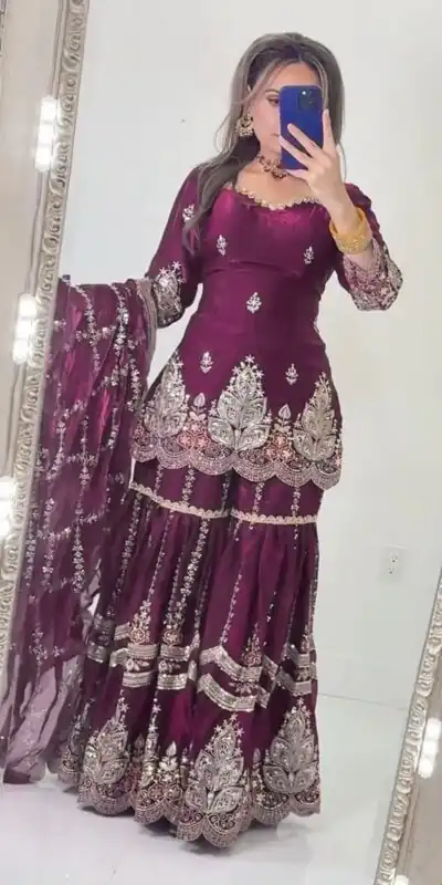 NF 1297 Wine Fendy Silk Salwar Suitwith Embroidery Work & Lace Work. Now at just ₹2799. Delivery 4-6 Working Days. Shop now. | Casual Suits, Jump Suits, Creative suits, Designer Suits, Palazzo Suits, Party Wear Suits, Patiala Suits, Salwar suit, Straight Suits