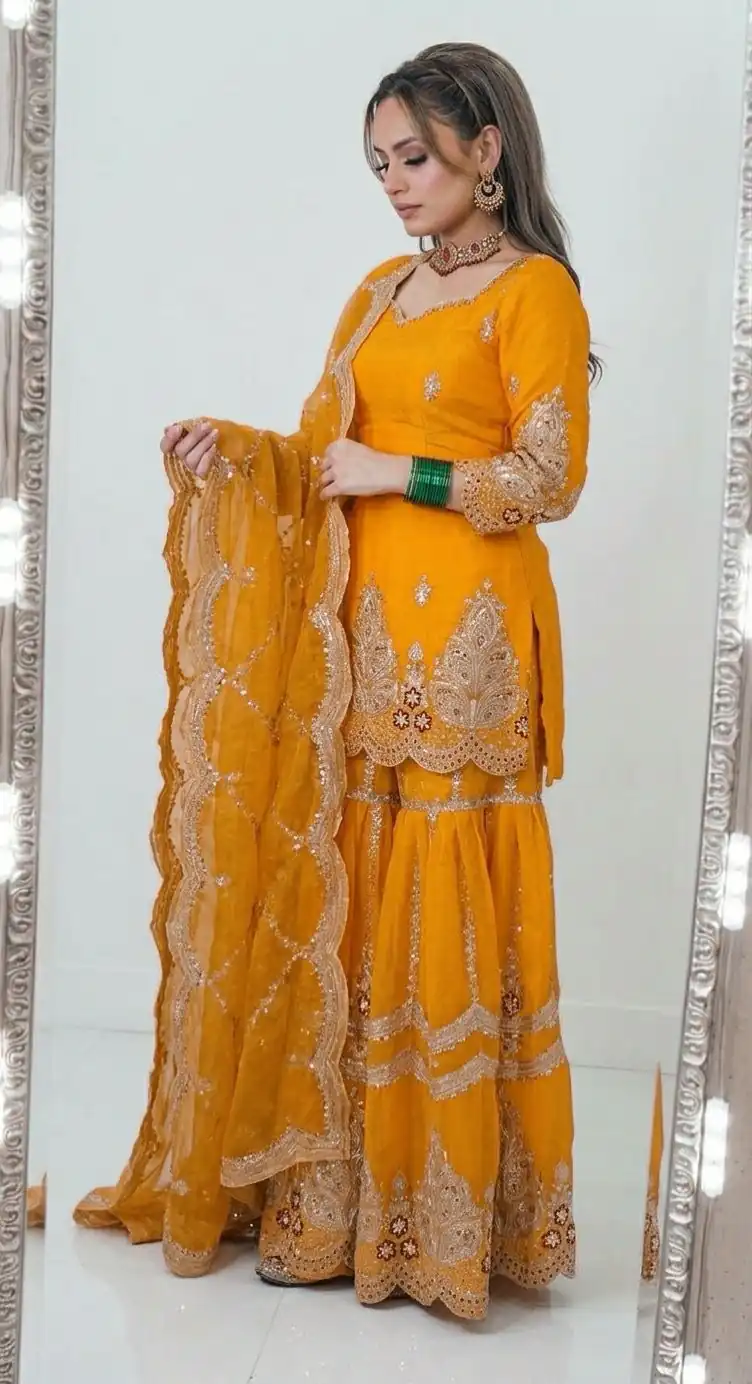 NF 1297 Yellow Fendy Silk Salwar Suitwith Embroidery Work & Lace Work. Now at just ₹2799. Delivery 4-6 Working Days. Shop now. | Casual Suits, Jump Suits, Creative suits, Designer Suits, Palazzo Suits, Party Wear Suits, Patiala Suits, Salwar suit, Straight Suits