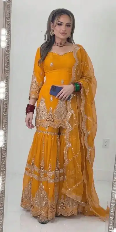 NF 1297 Yellow Fendy Silk Salwar Suitwith Embroidery Work & Lace Work. Now at just ₹2799. Delivery 4-6 Working Days. Shop now. | Casual Suits, Jump Suits, Creative suits, Designer Suits, Palazzo Suits, Party Wear Suits, Patiala Suits, Salwar suit, Straight Suits