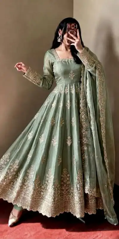 NSR 918 Pista Fendy Silk Gown with Embroidery Work & Sequins Work. Special Price ₹2399. Delivery 4-6 Working Days. Shop now. | Bollywood Gowns, Creative Gowns, Designer Gowns, Embroidered Gowns, Gowns, Party Wear Gowns