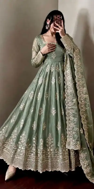 NSR 918 Pista Fendy Silk Gown with Embroidery Work & Sequins Work. Special Price ₹2399. Delivery 4-6 Working Days. Shop now. | Bollywood Gowns, Creative Gowns, Designer Gowns, Embroidered Gowns, Gowns, Party Wear Gowns