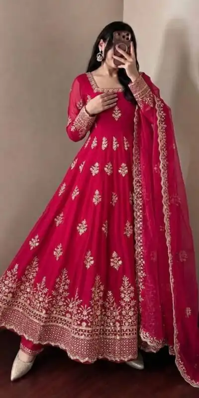 NSR 918 Red Fendy Silk Gown with Embroidery Work & Sequins Work. Special Price ₹2399. Delivery 4-6 Working Days. Shop now. | Bollywood Gowns, Creative Gowns, Designer Gowns, Embroidered Gowns, Gowns, Party Wear Gowns