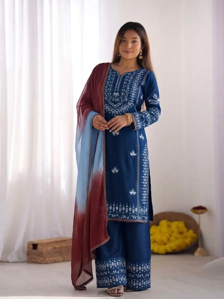 Aglow Blue Rayon Cotton Embroidery Work Salwar Suit - Image 3