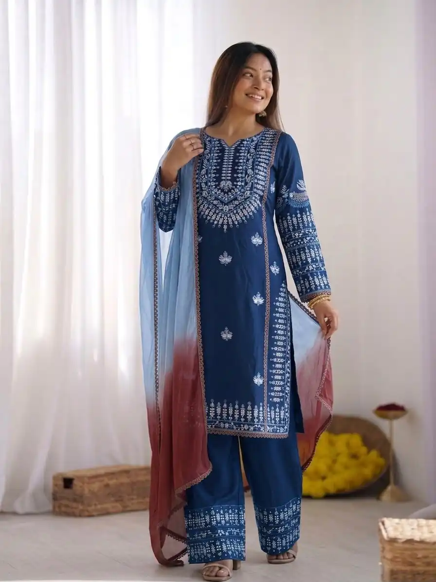 Aglow Blue Rayon Cotton Embroidery Work Salwar Suit