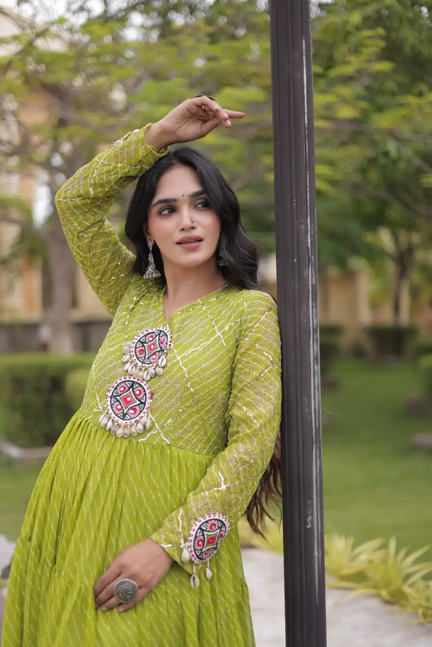 Aglow Green Faux Georgette Patch Work Gown - Image 2