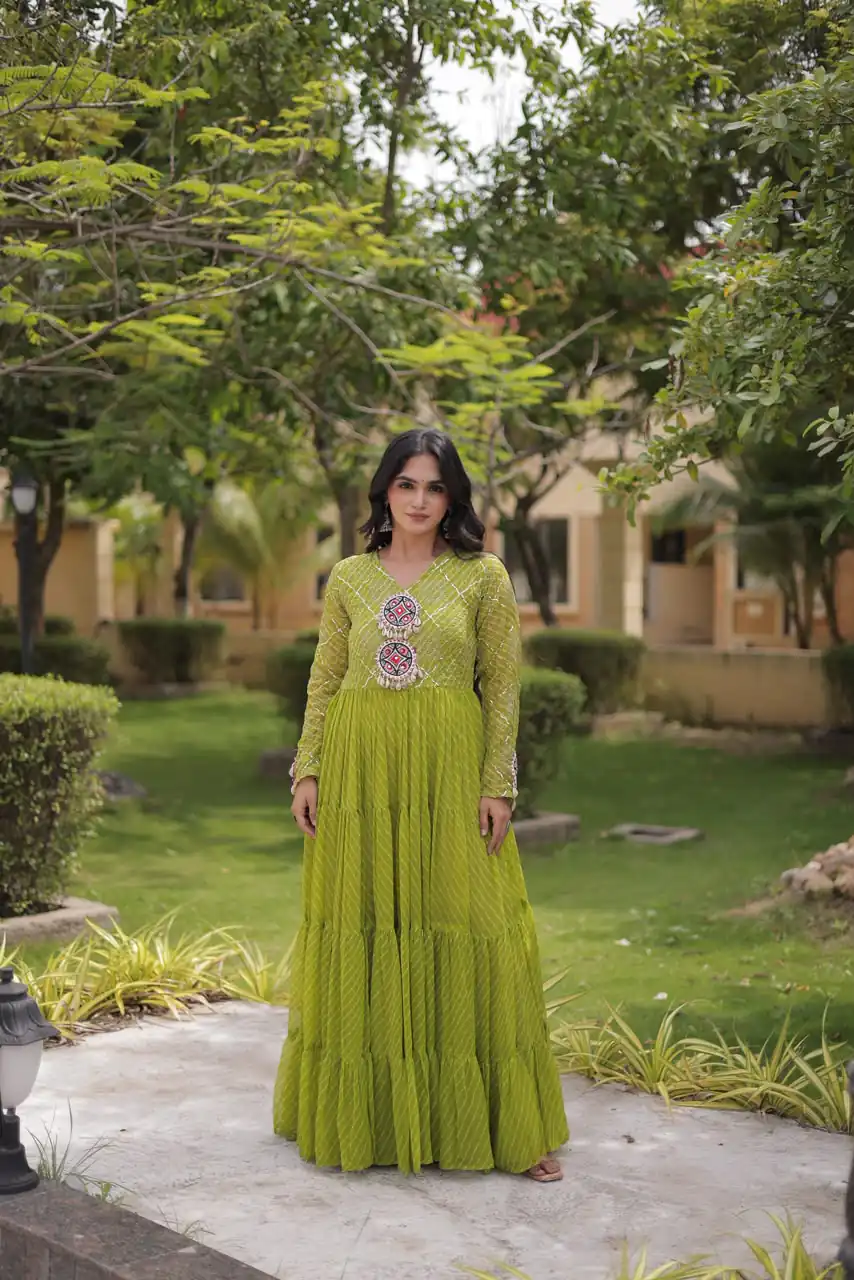Aglow Green Faux Georgette Patch Work Gown