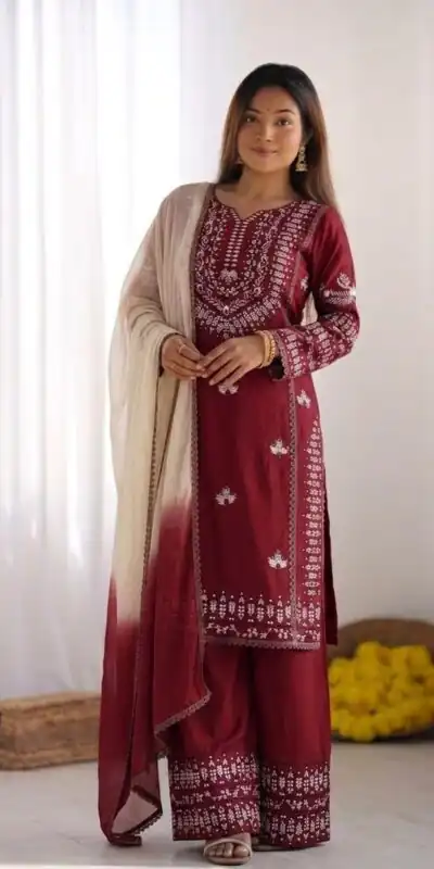 Alternative view of Aglow Maroon Rayon Cotton Embroidery Work Salwar Suit