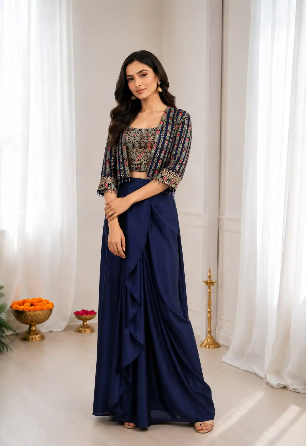 Aglow Navy Blue Chinon Silk Sequence Work Lehenga Choli