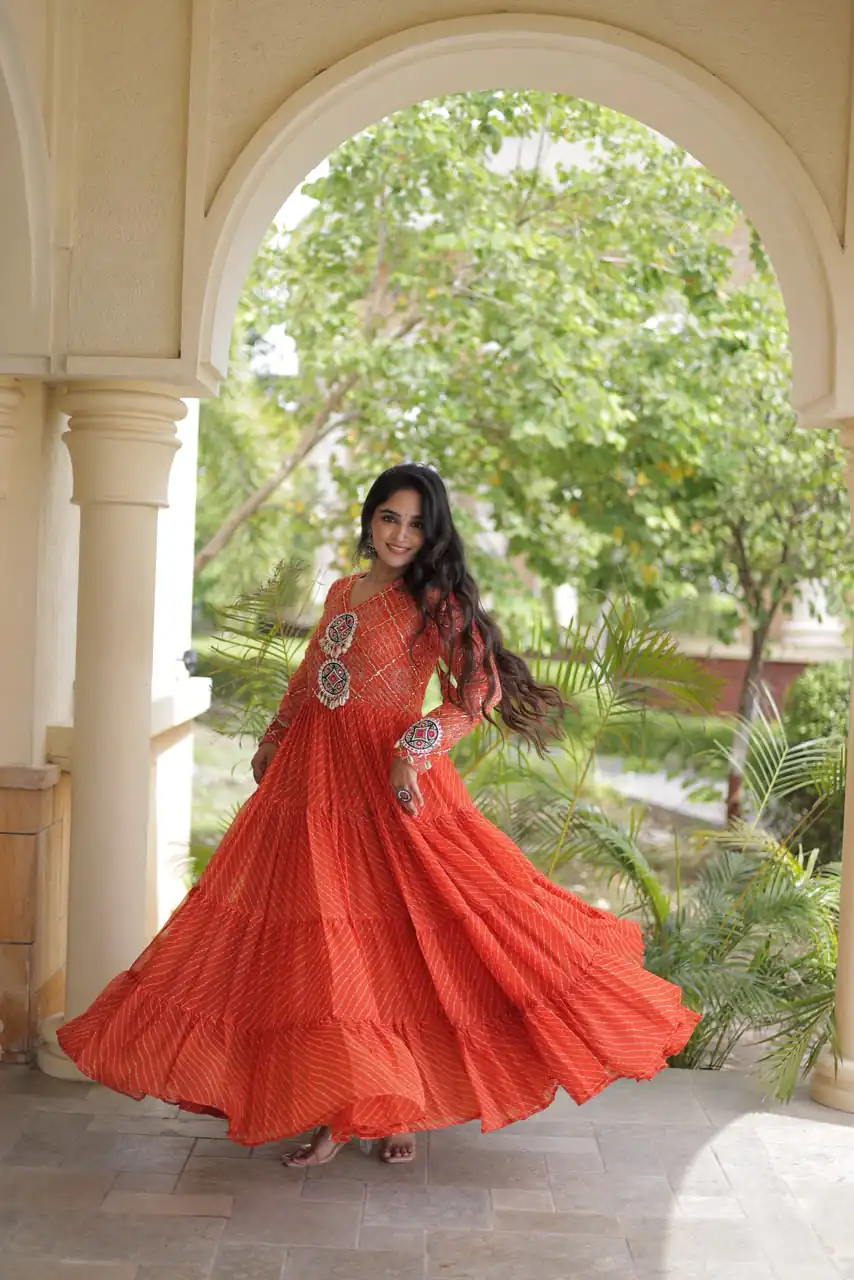 Aglow Orange Faux Georgette Patch Work Gown - Image 3