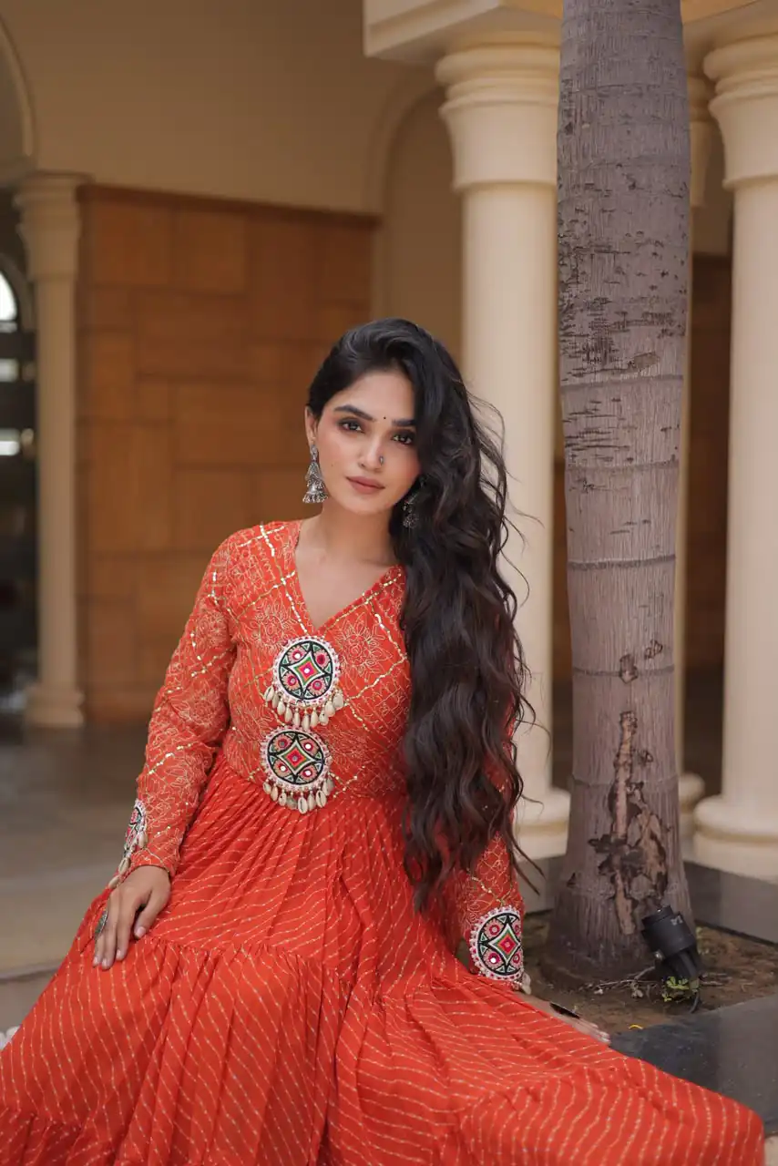 Aglow Orange Faux Georgette Patch Work Gown - Image 2
