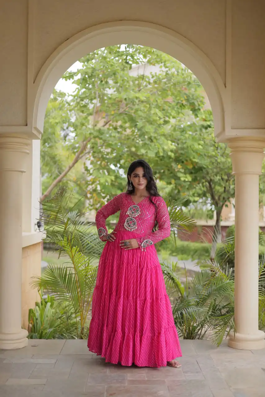 Aglow Pink Faux Georgette Patch Work Gown - Image 4