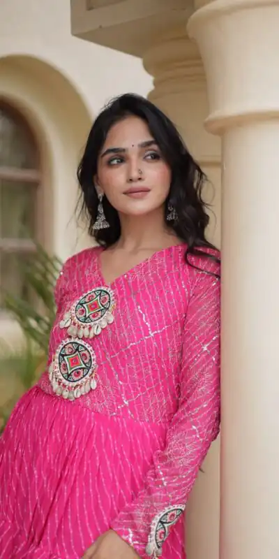 Alternative view of Aglow Pink Faux Georgette Patch Work Gown