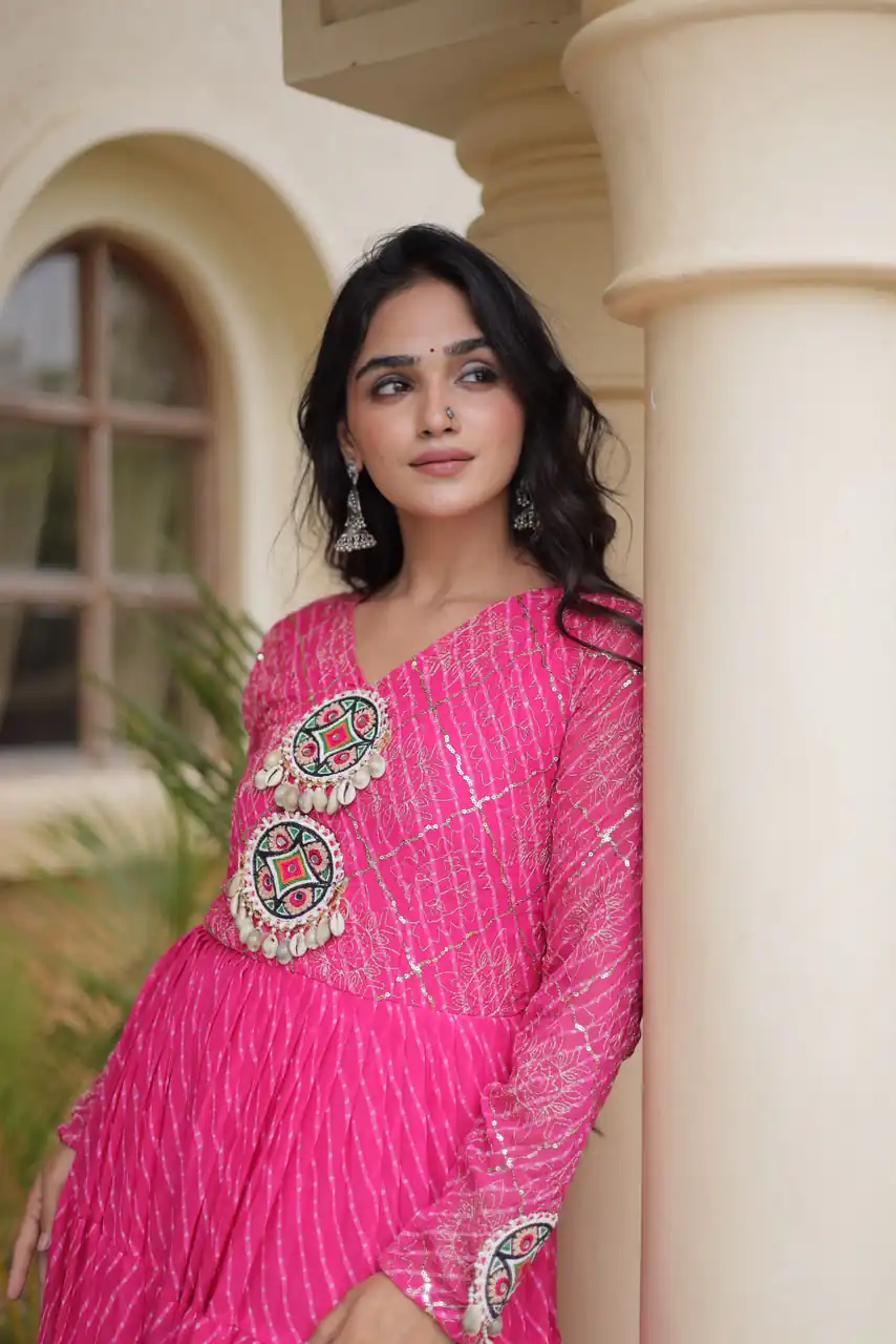 Aglow Pink Faux Georgette Patch Work Gown - Image 2