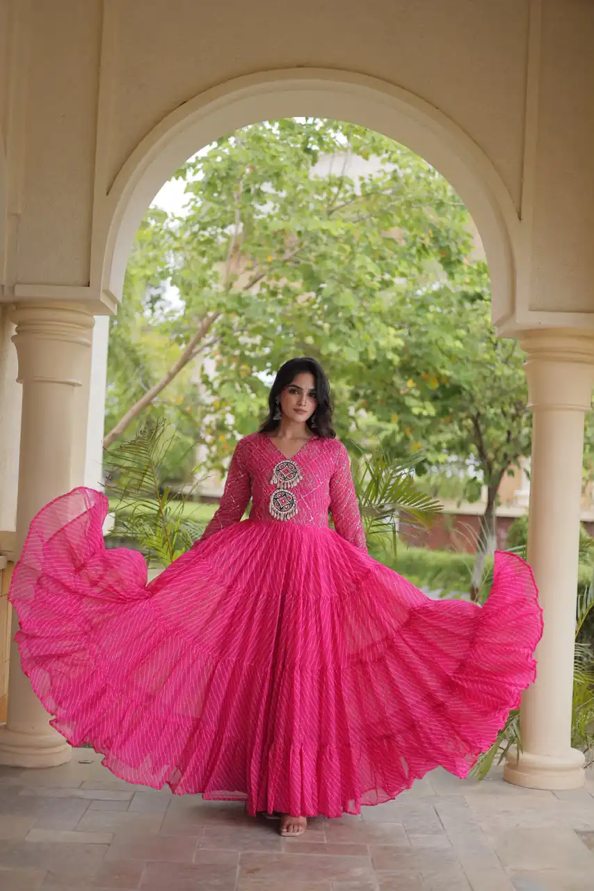 Aglow Pink Faux Georgette Patch Work Gown