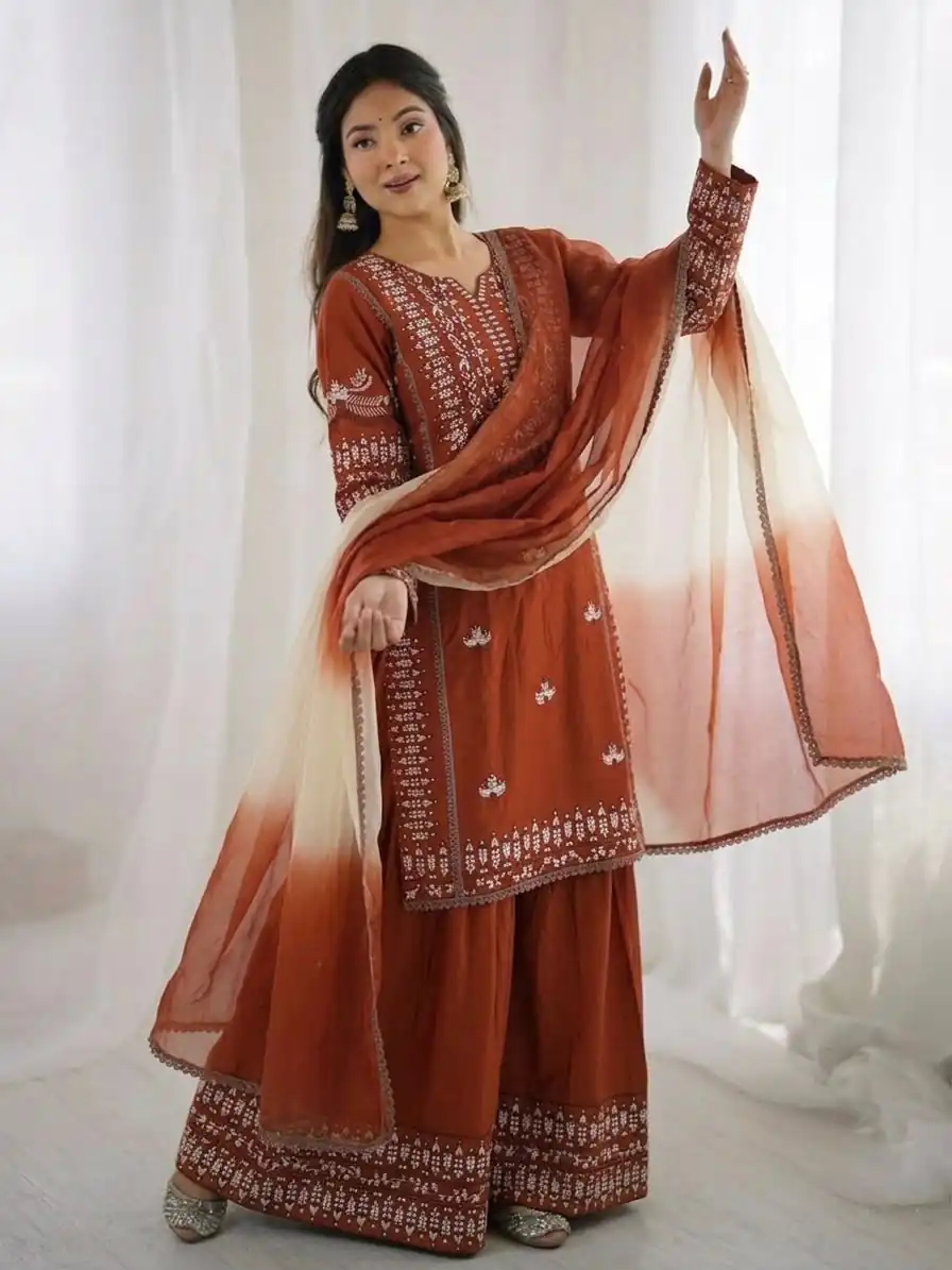 Aglow Rust Rayon Cotton Embroidery Work Salwar Suit - Image 6
