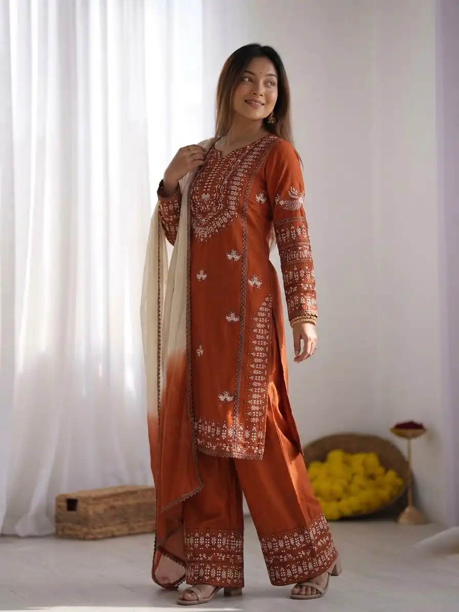 Aglow Rust Rayon Cotton Embroidery Work Salwar Suit - Image 5