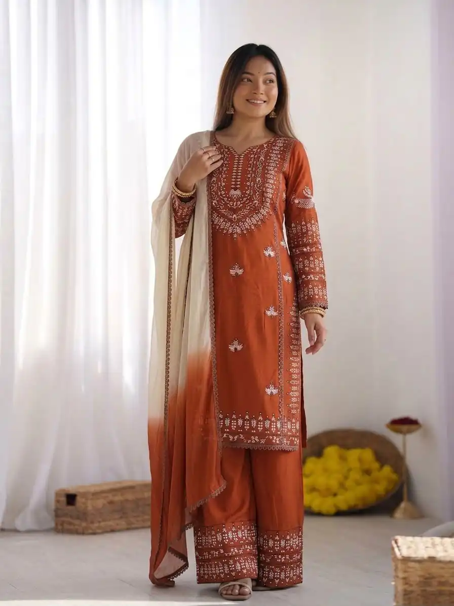 Aglow Rust Rayon Cotton Embroidery Work Salwar Suit - Image 4
