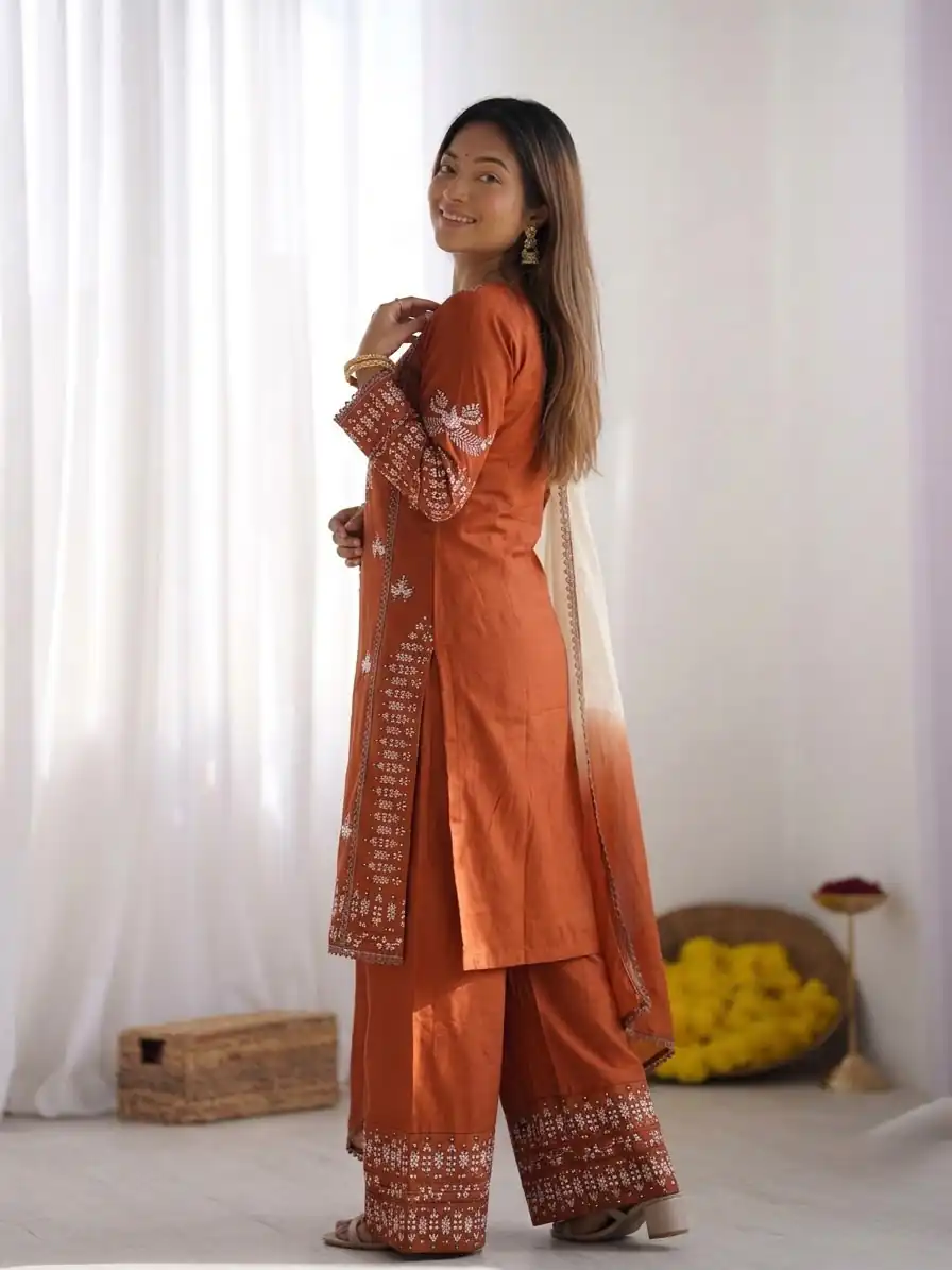 Aglow Rust Rayon Cotton Embroidery Work Salwar Suit - Image 3