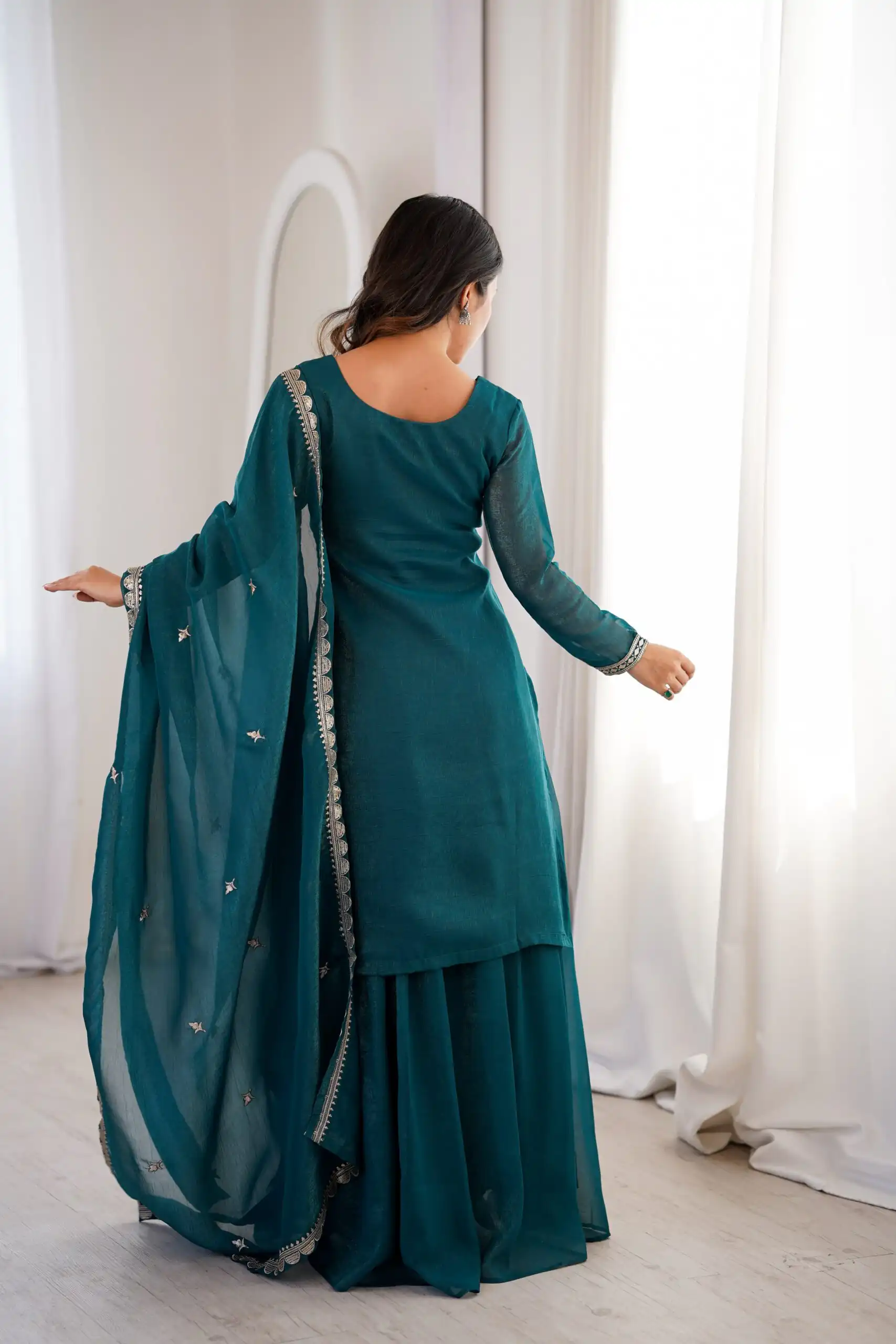 Aglow Teal Crunchy Silk Sequence Work Salwar Suit - Image 4