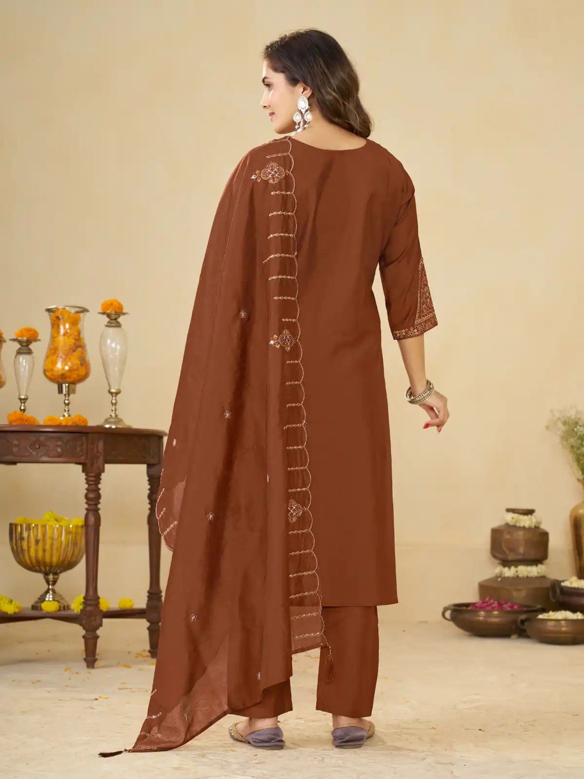 Alluring Brown Marina Silk Embroidery Work Salwar Suit - Image 4
