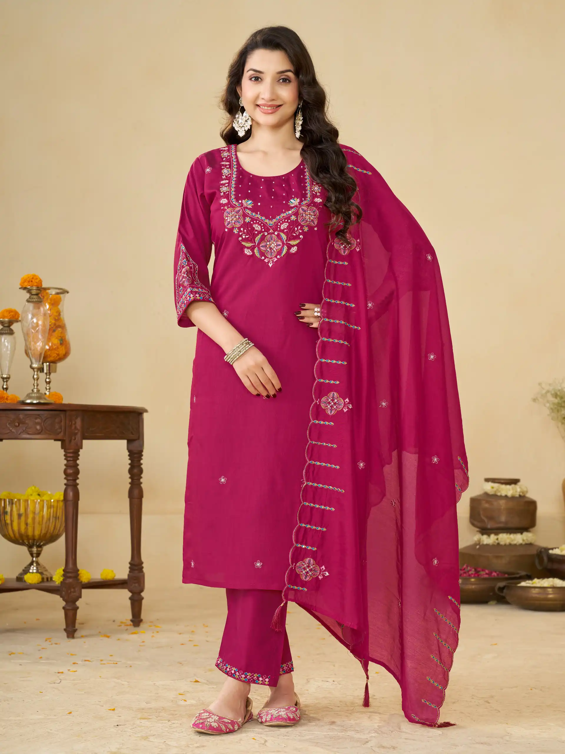 Alluring Pink Marina Silk Embroidery Work Salwar Suit