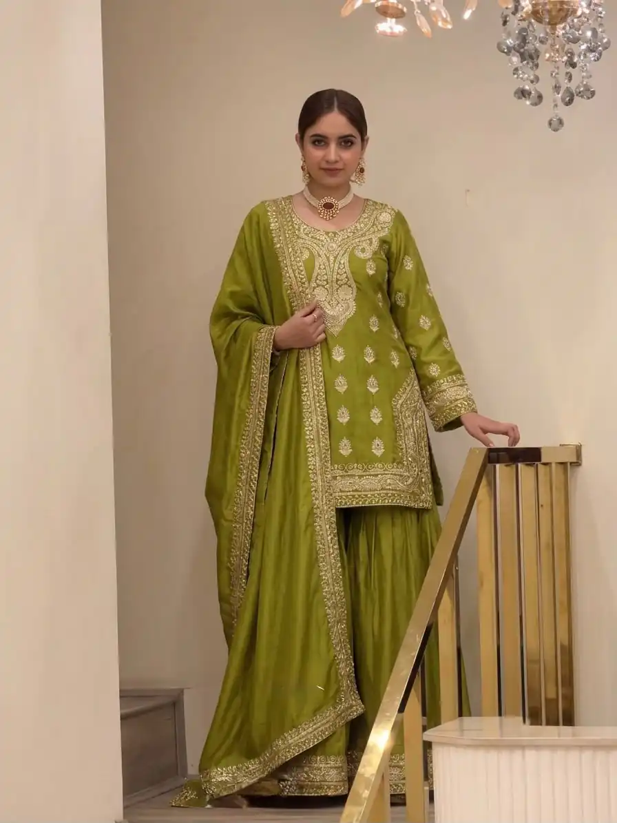 Angelic Mehendi Chinon Silk Embroider Work Salwar Suit - Image 2