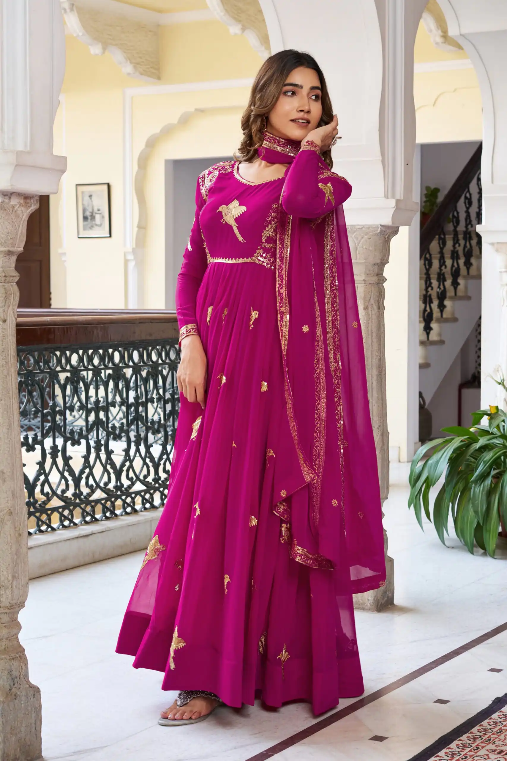 Angelic Pink Faux Georgette Thread Work Gown - Image 3