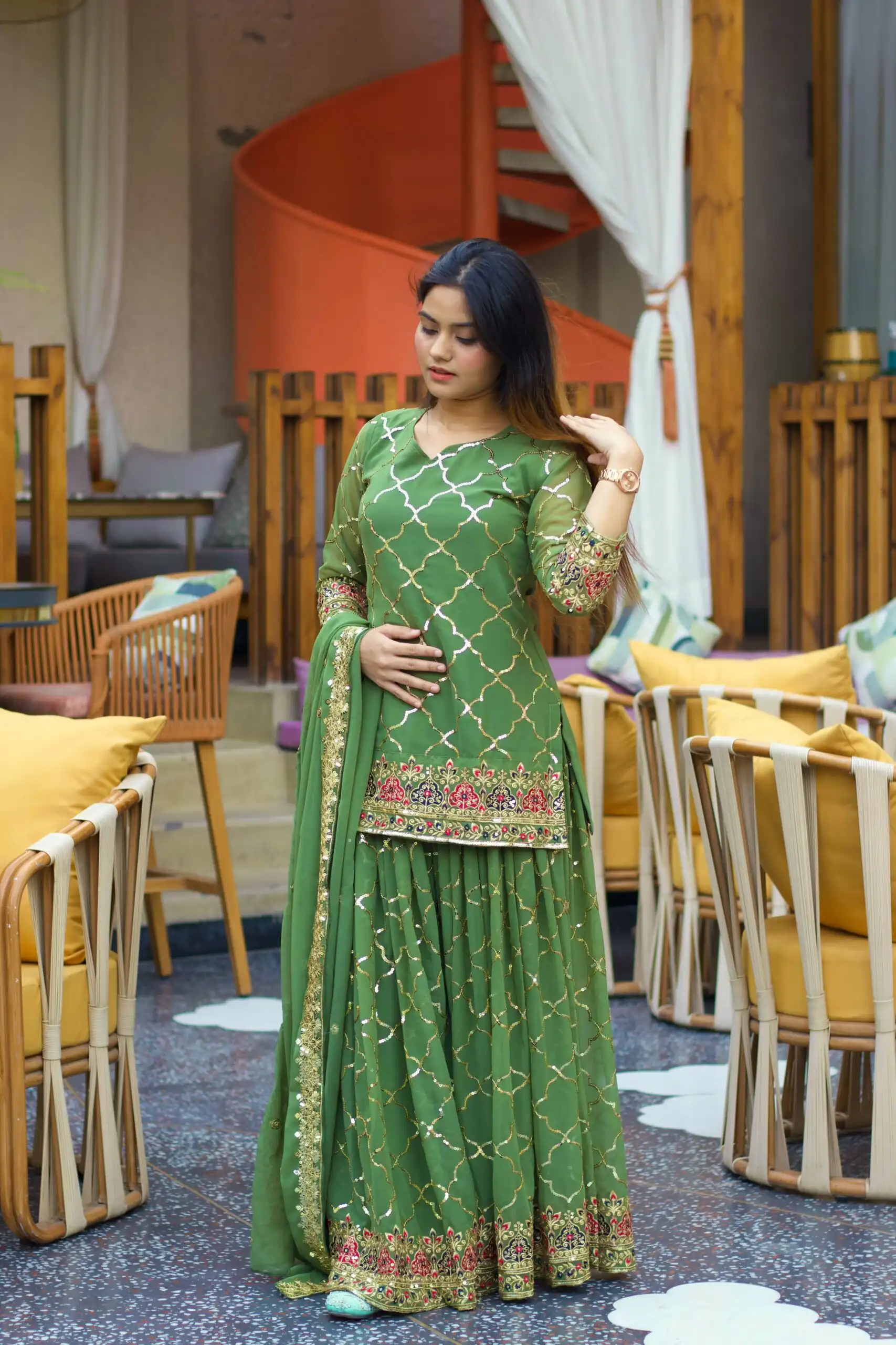 Angelic Pista Chinon Silk Sequence Work Salwar Suit