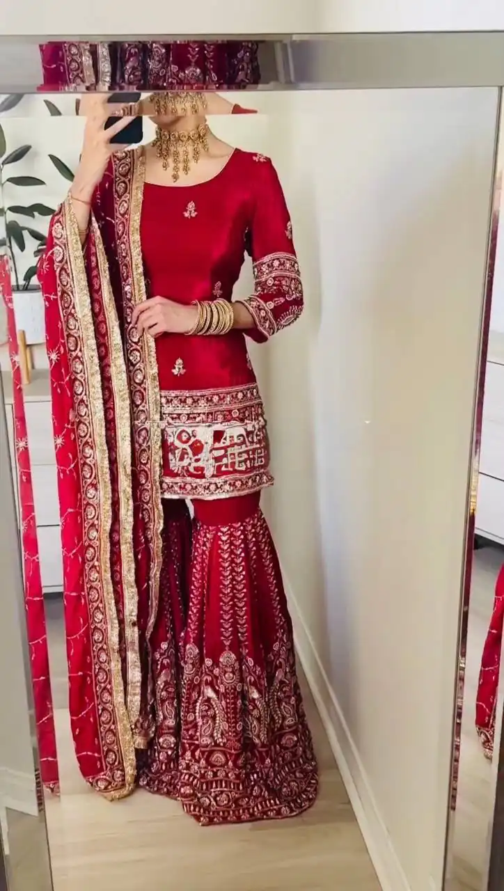 Angelic Red Chinon Silk Thread Work Salwar Suit