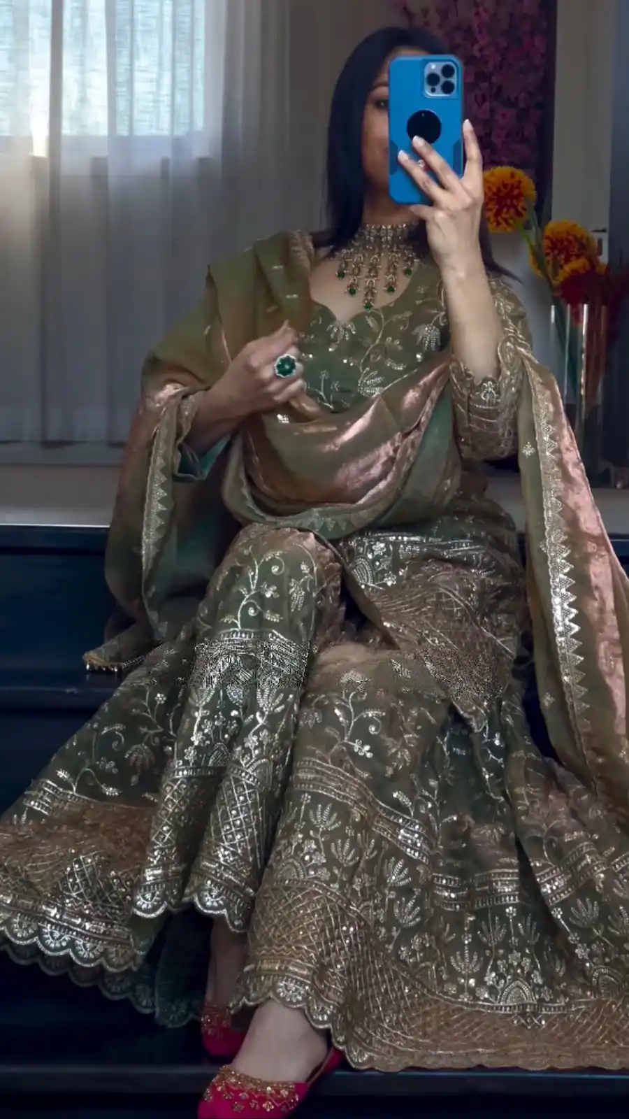 Cool Mehendi Fandy Crush Silk Sequins Work Salwar Suit