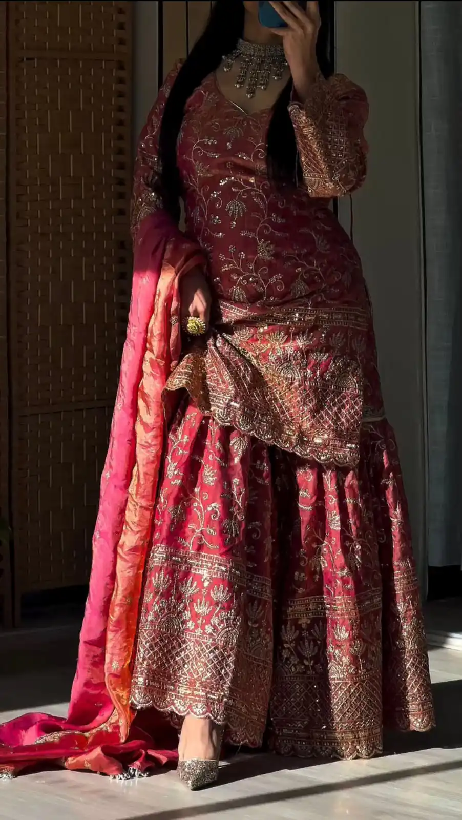 Cool Peach Fandy Crush Silk Sequins Work Salwar Suit - Image 2