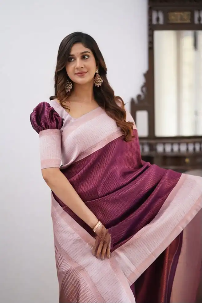 Cool Wine Soft Lichi Silk Lace Work Saree - Image 3