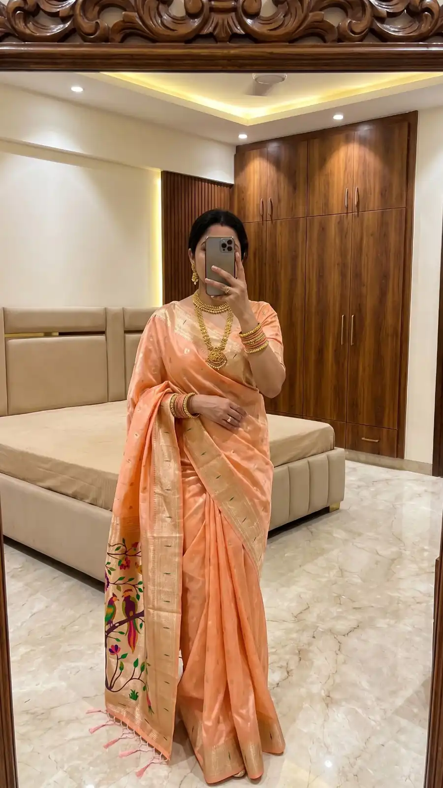 Elegant Peach Organza Silk Paithani Zari Work Saree