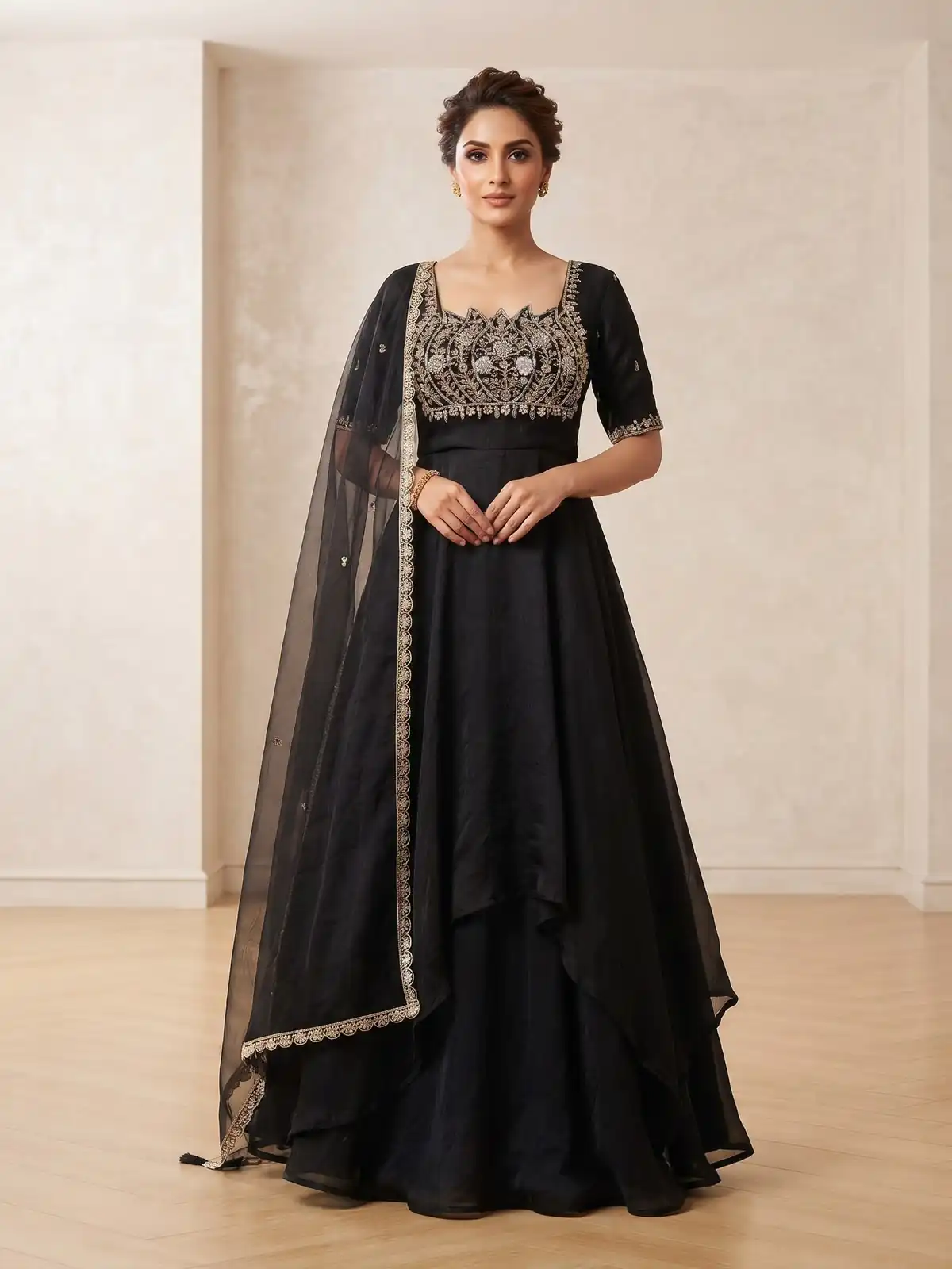 Fancy Black Fendy Crush Beads Work Gown - Image 2