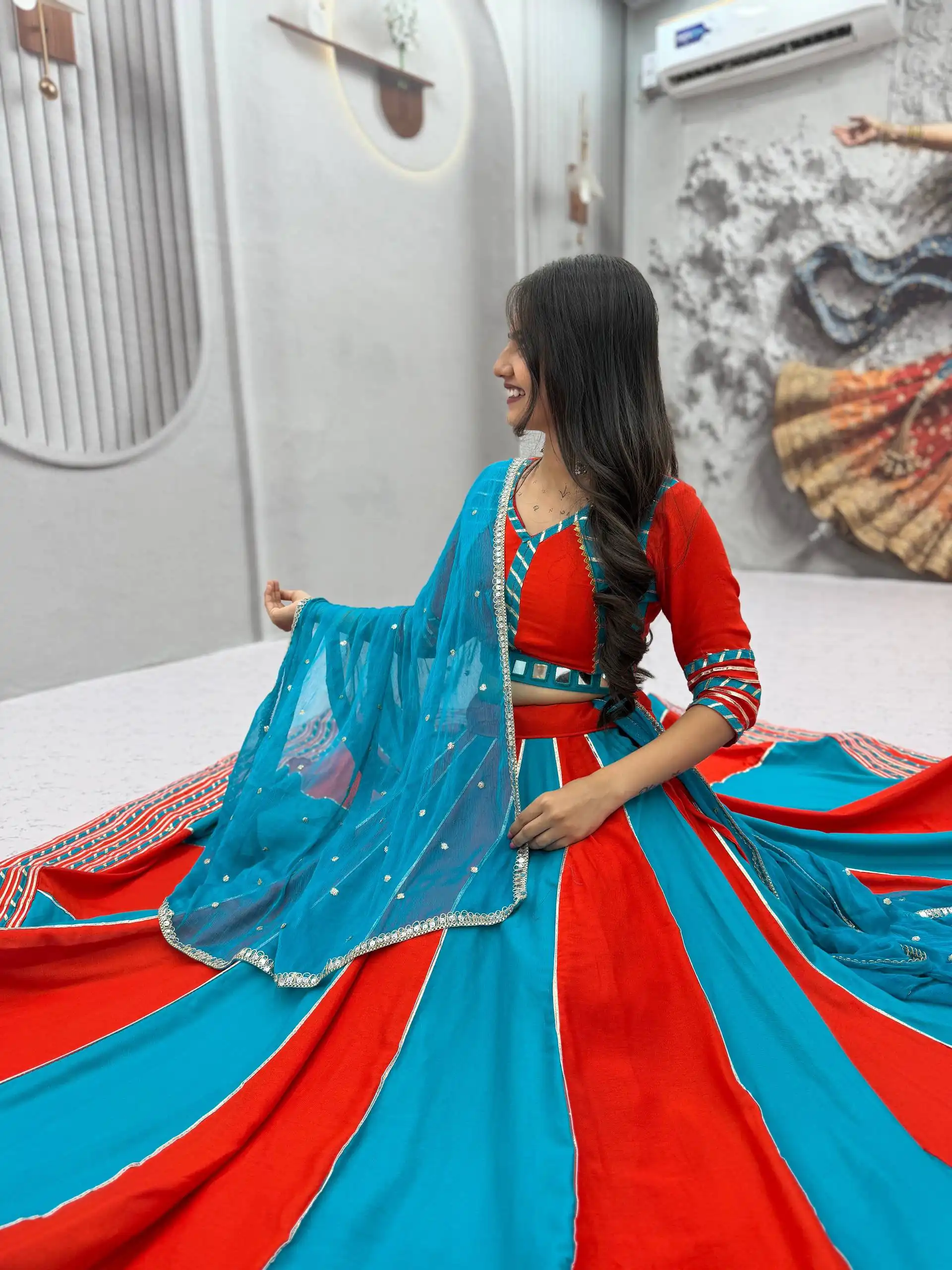 Fancy Blue Pure Cotton Hand Work Lehenga Choli - Image 2
