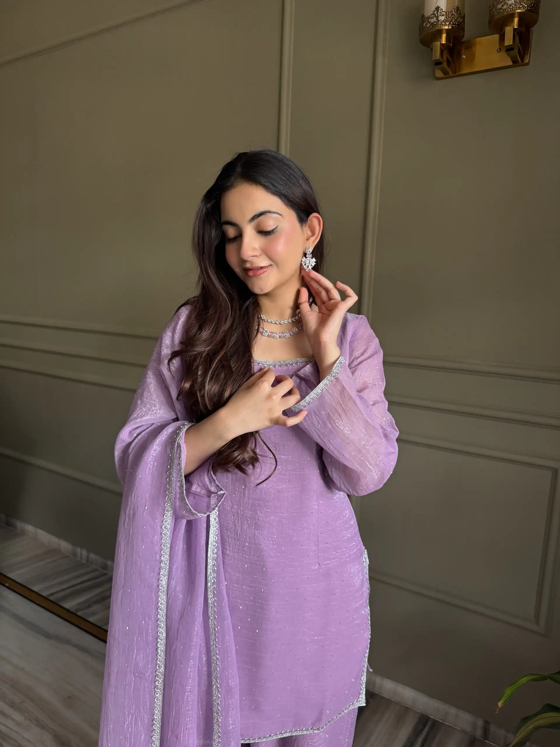 Fancy Lavender Crunchy Silk Siroski Work Salwar Suit - Image 6