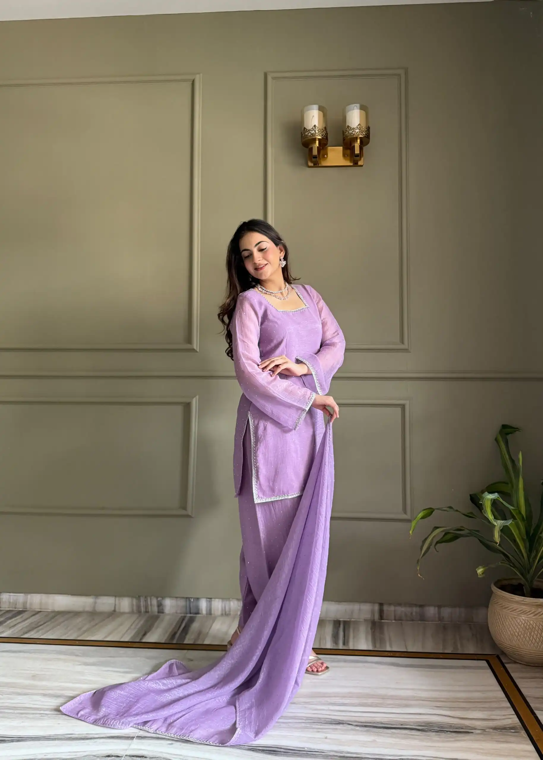 Fancy Lavender Crunchy Silk Siroski Work Salwar Suit - Image 4