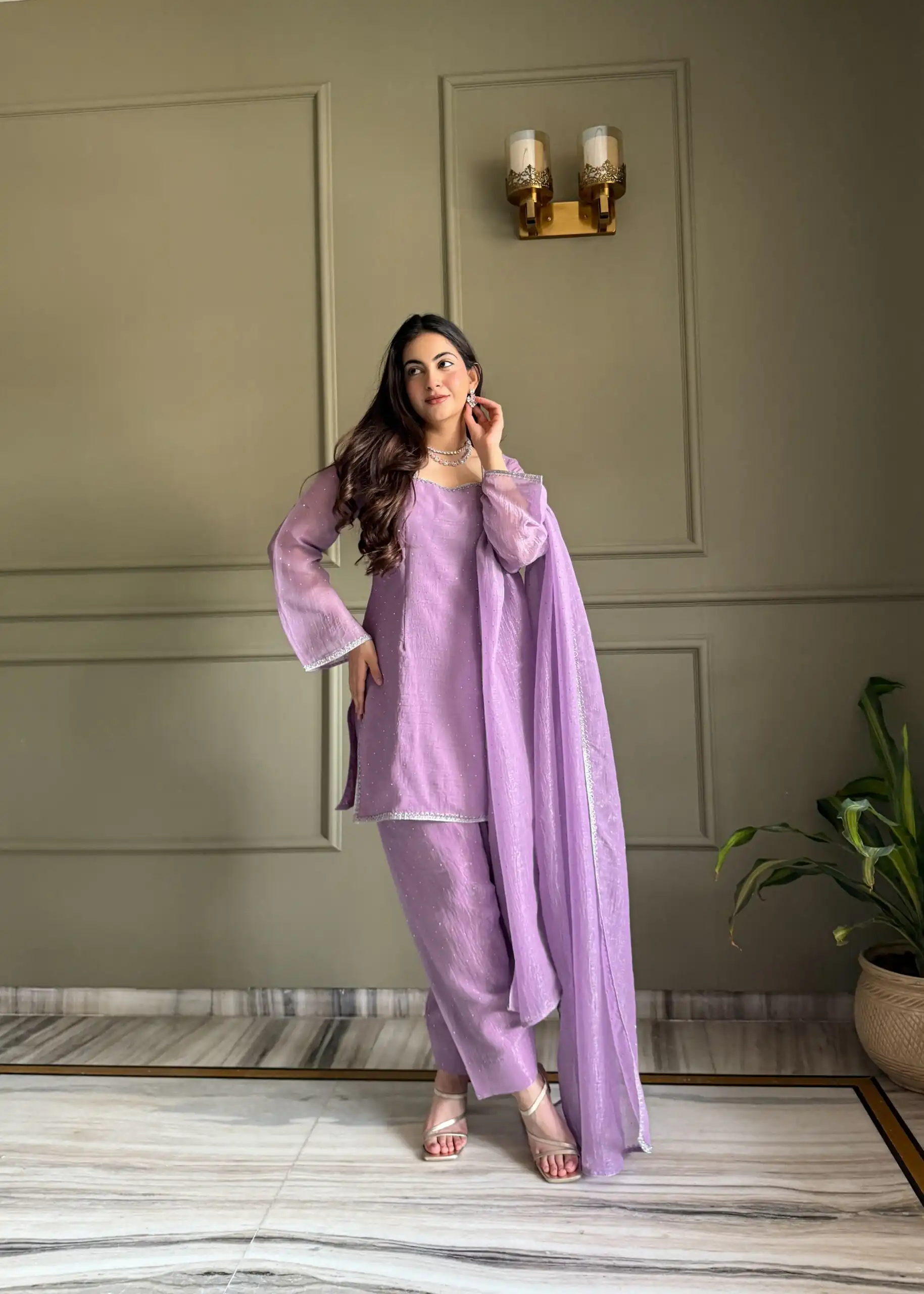 Fancy Lavender Crunchy Silk Siroski Work Salwar Suit