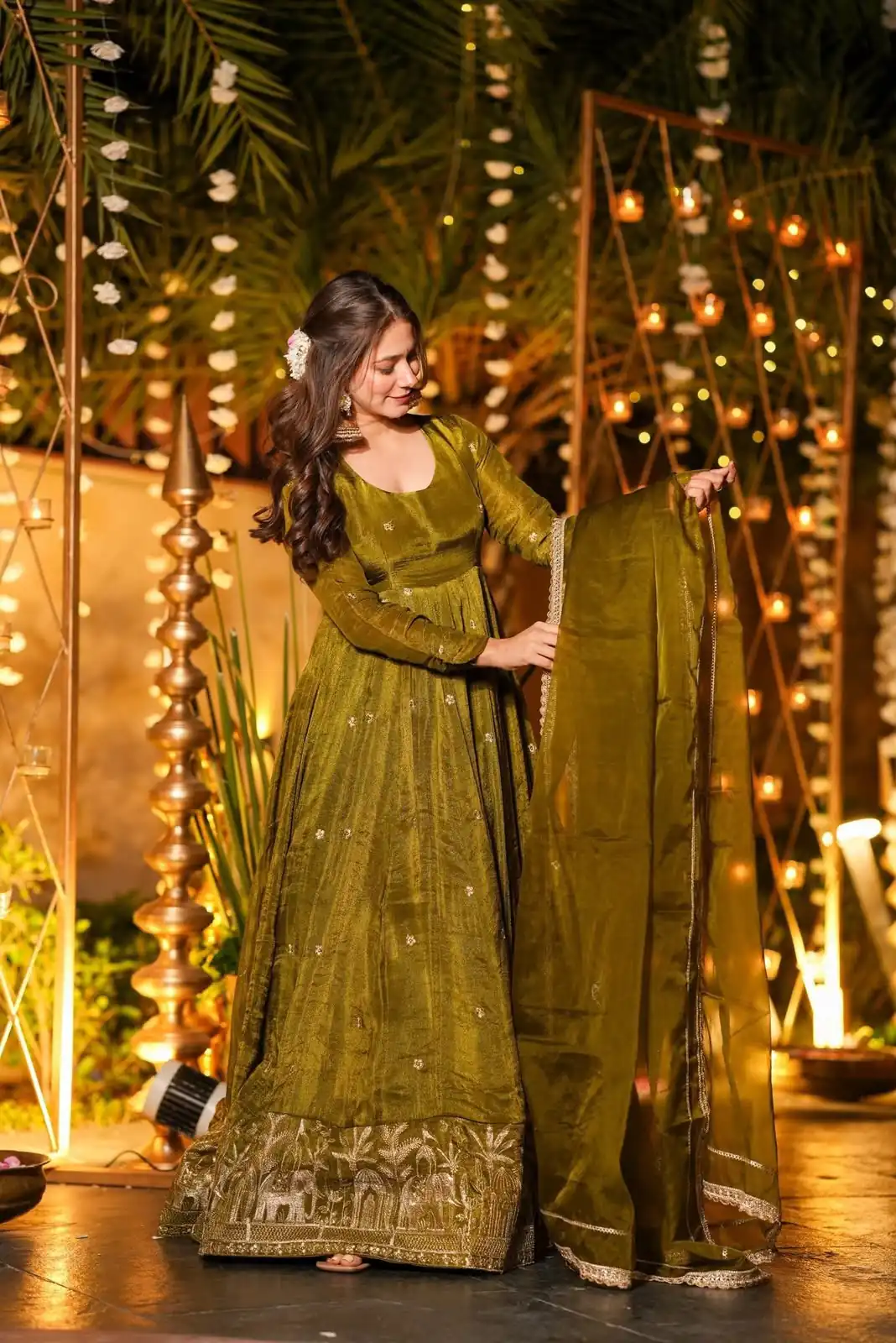 Fancy Mehendi Crunchy Silk Sequence Work Anarkali Suit - Image 4
