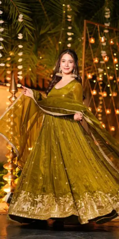 Fancy Mehendi Crunchy Silk Sequence Work Anarkali Suit