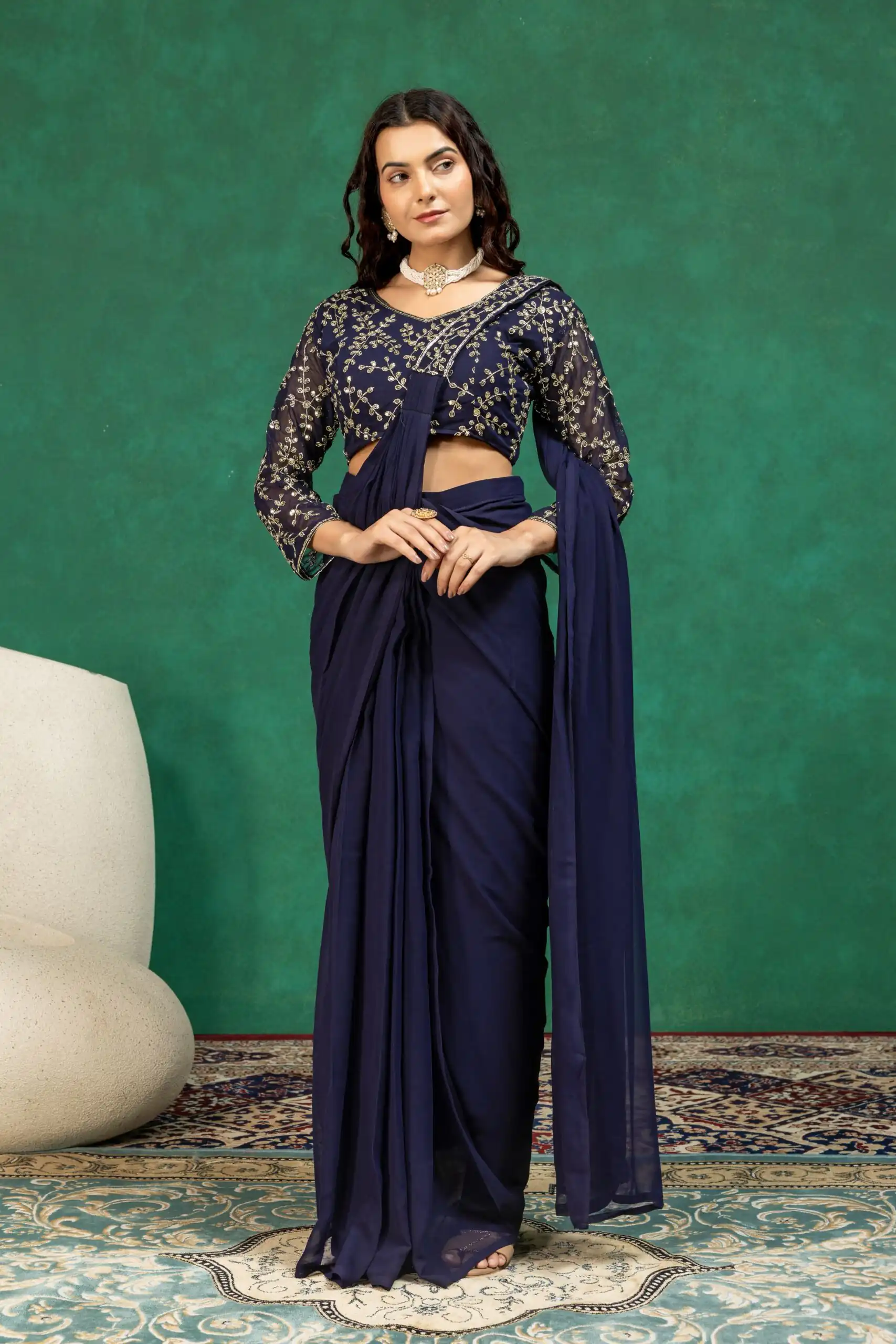 Fancy Navy Blue Faux Georgette Sequence Work Saree - Image 3