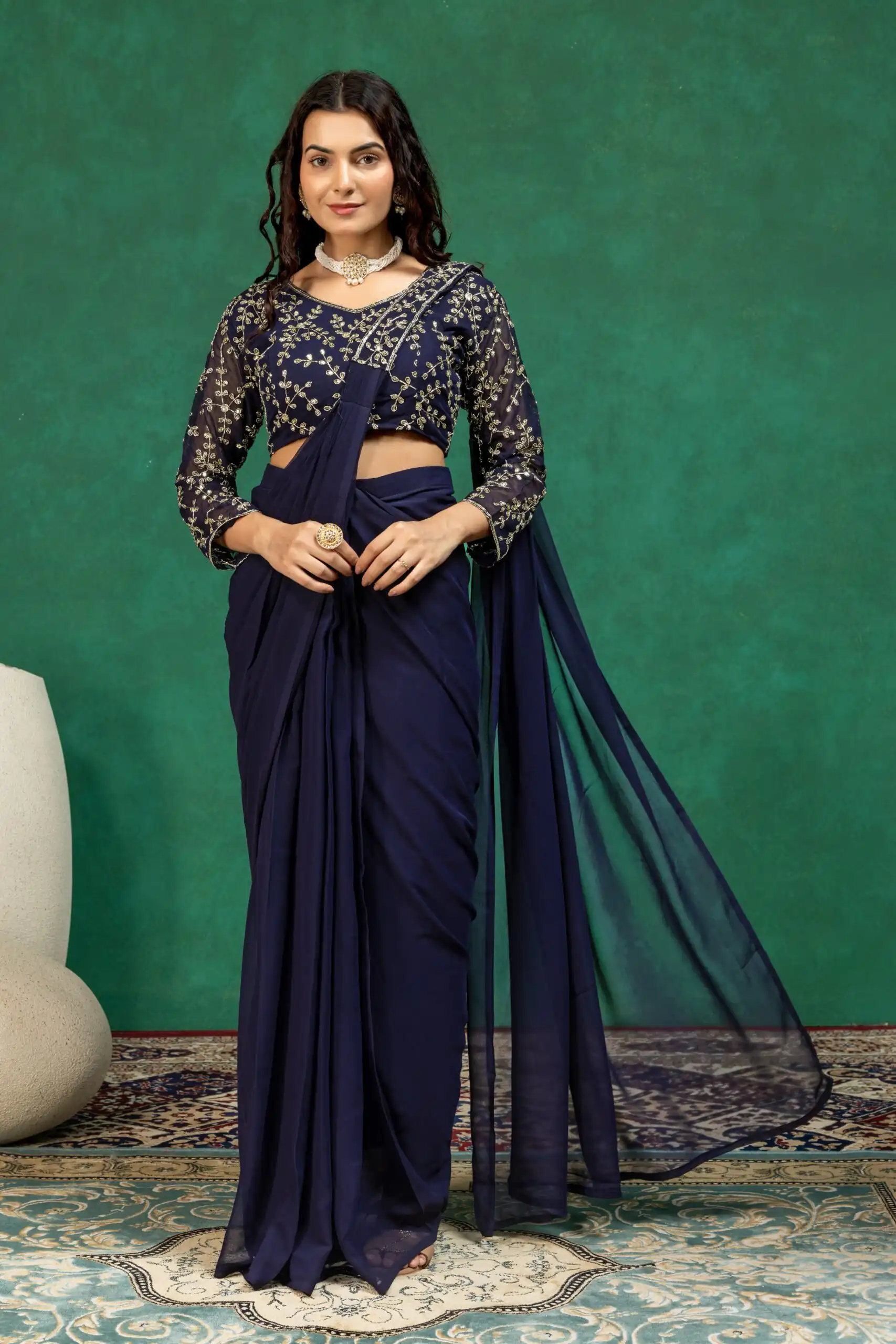 Fancy Navy Blue Faux Georgette Sequence Work Saree