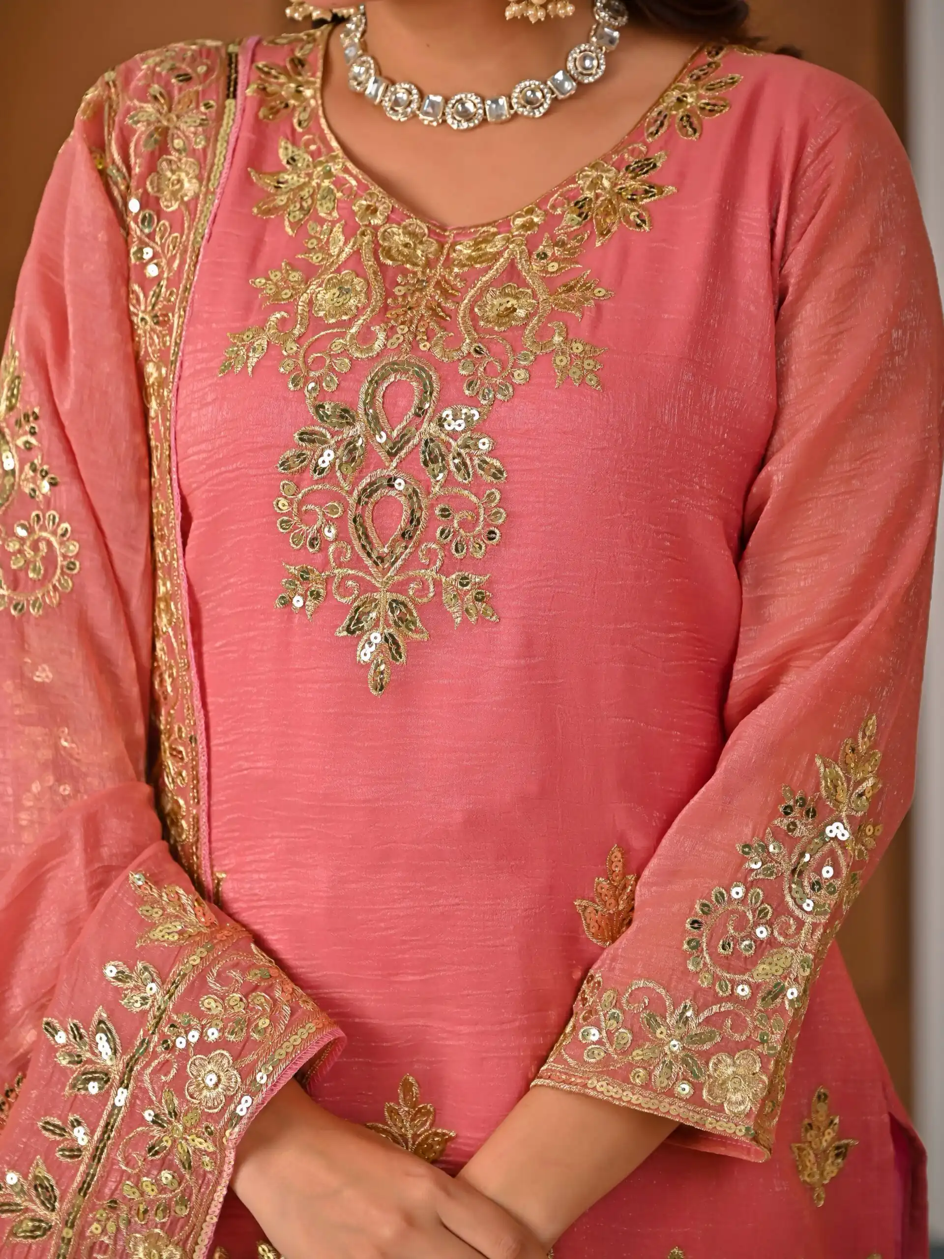 Fancy Peach Crunchy Silk Embroidery Work Salwar Suit - Image 6