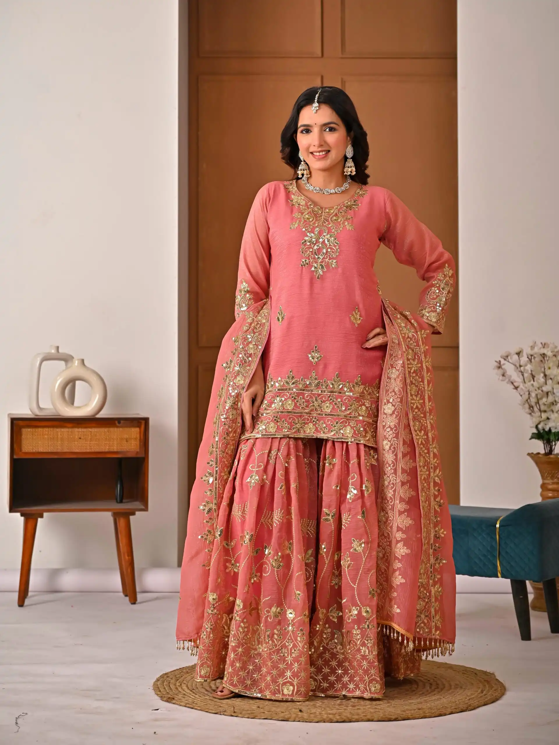 Fancy Peach Crunchy Silk Embroidery Work Salwar Suit - Image 2