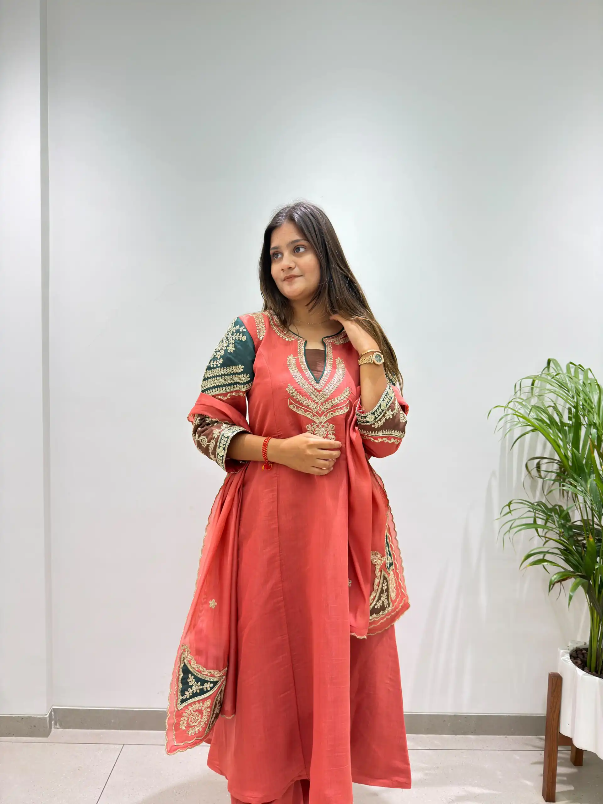 Fancy Peach Mul Chanderi Embroidery Work Salwar Suit - Image 2