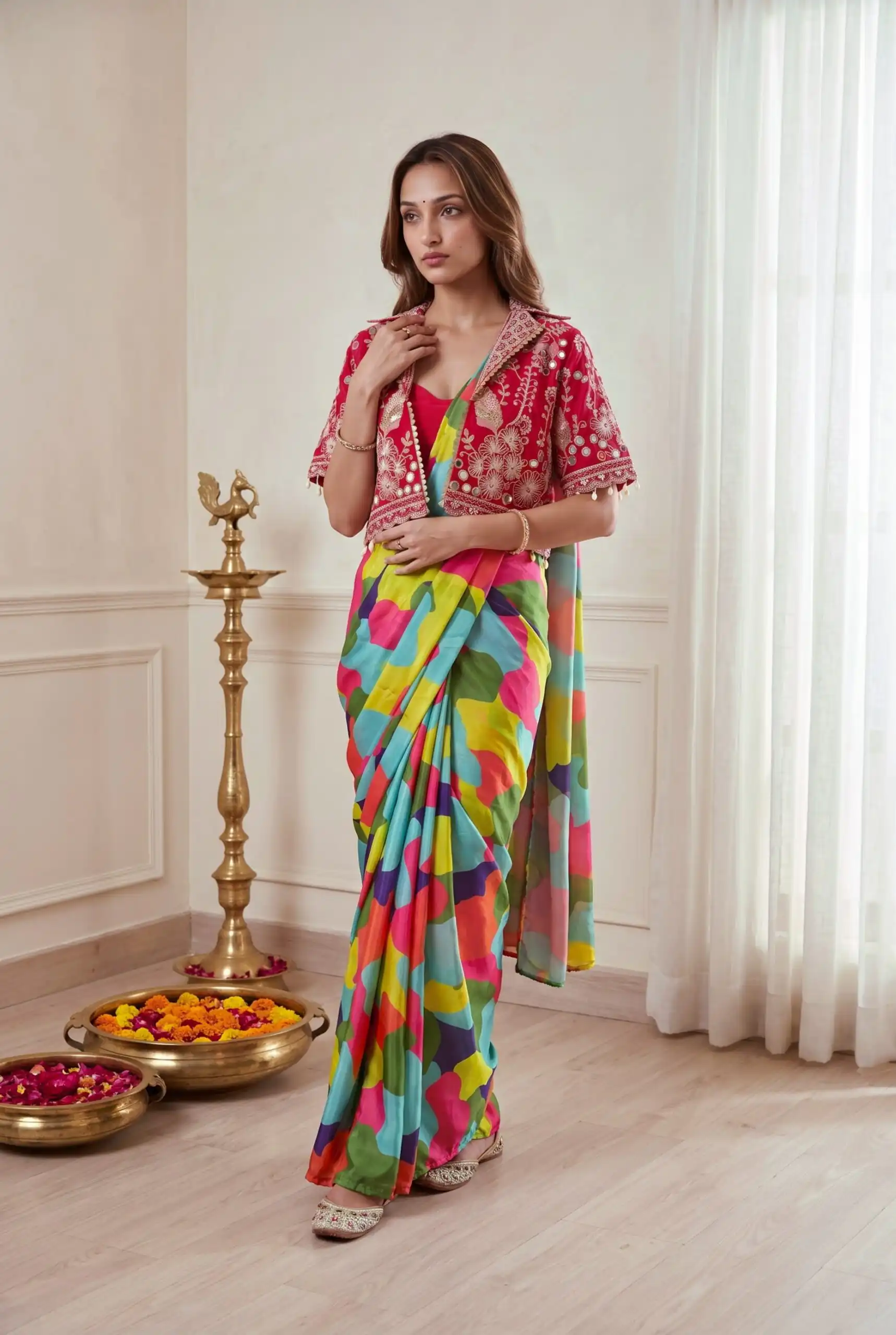 Fancy Pink Chinon Silk Mirror Embroidery Work Saree - Image 2