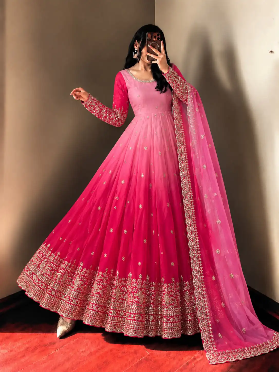 Fancy Pink Faux Georgette Embroider Work Gown - Image 8