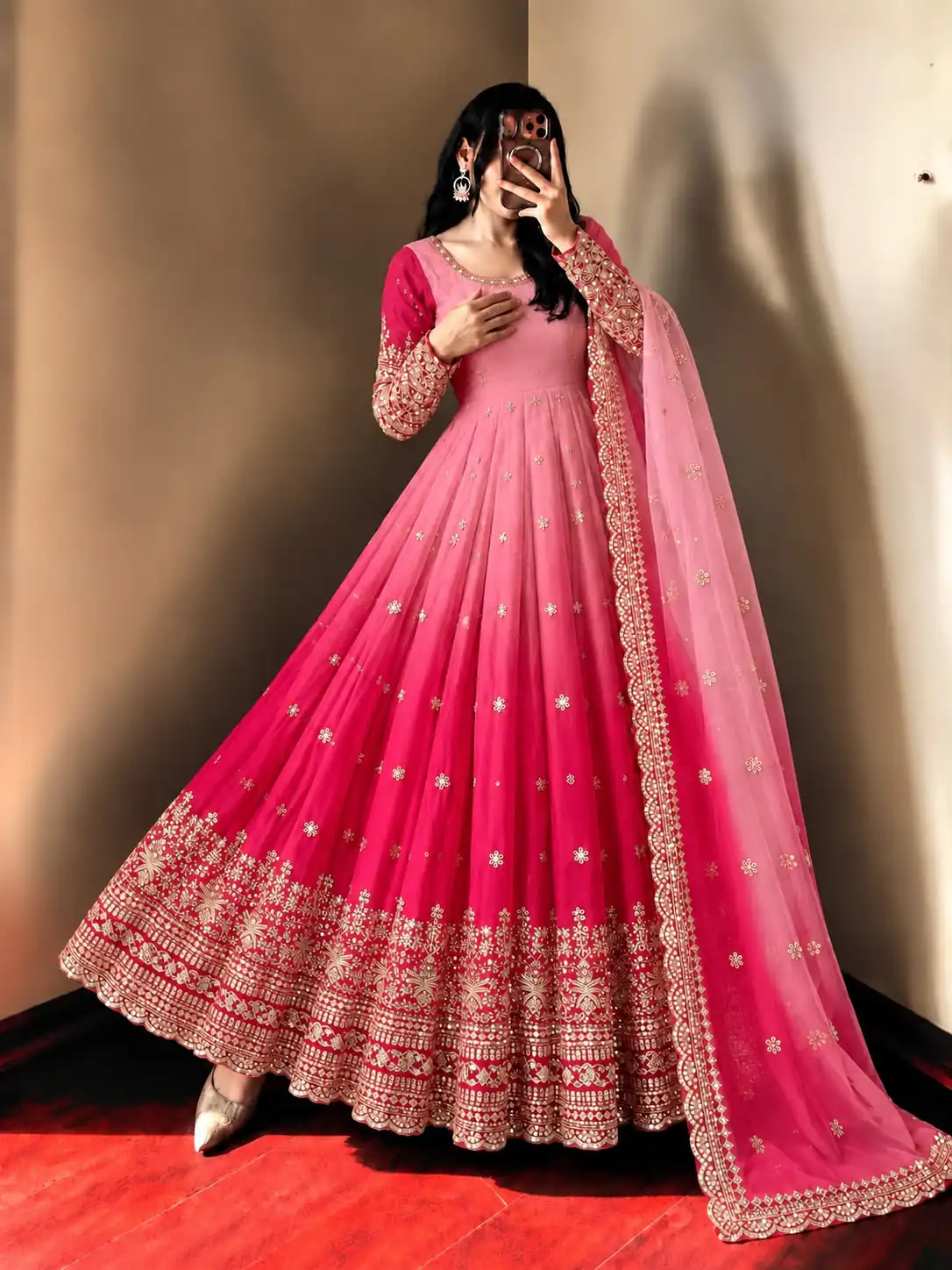Fancy Pink Faux Georgette Embroider Work Gown