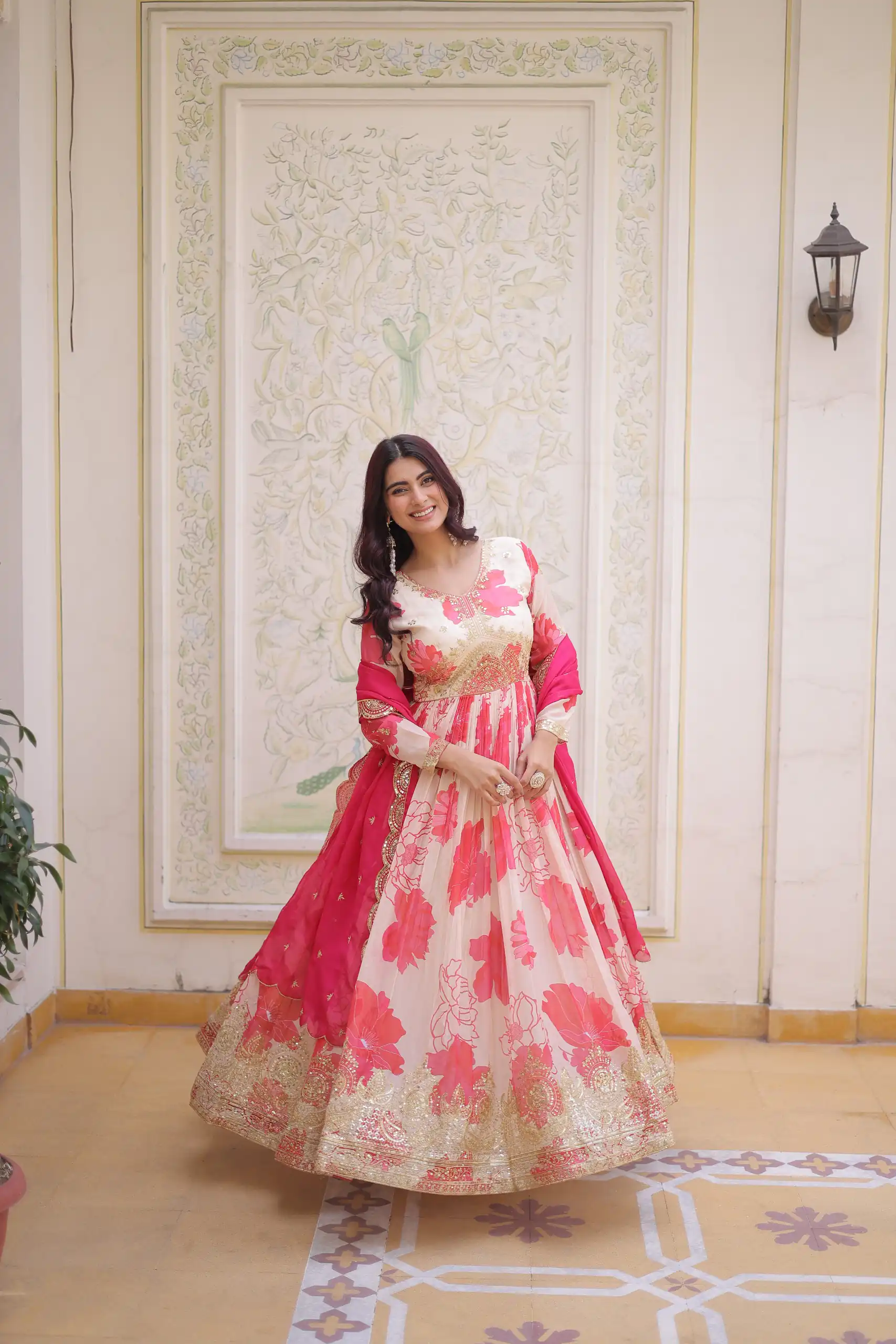 Fancy Pink Russian Silk Embroidery Zari Work Gown - Image 7